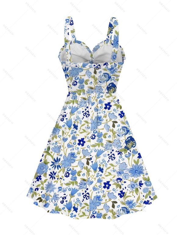 Vacation Dress Allover Mixed Floral Leaf Print Bowknot Ruffle Mock Button Dress - Bleu clair XXL | US 14