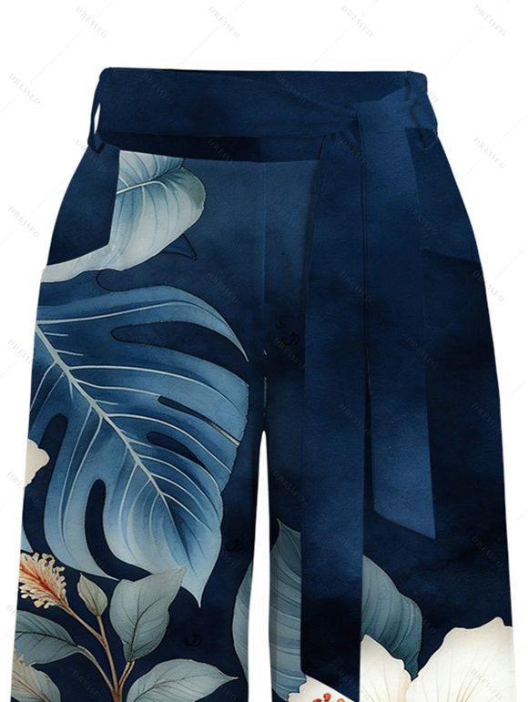 Vacation Pants Hibiscus Floral Monstera Leaf Print Wide Leg Belt Pants - Bleu profond XXXXXL | US 20