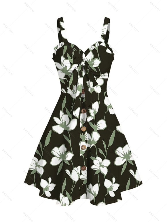 Vacation Couple Outfit Magnolia Floral Leaf Print Bowknot Ruffle Dress and Shirt Set - Noir S | US 4