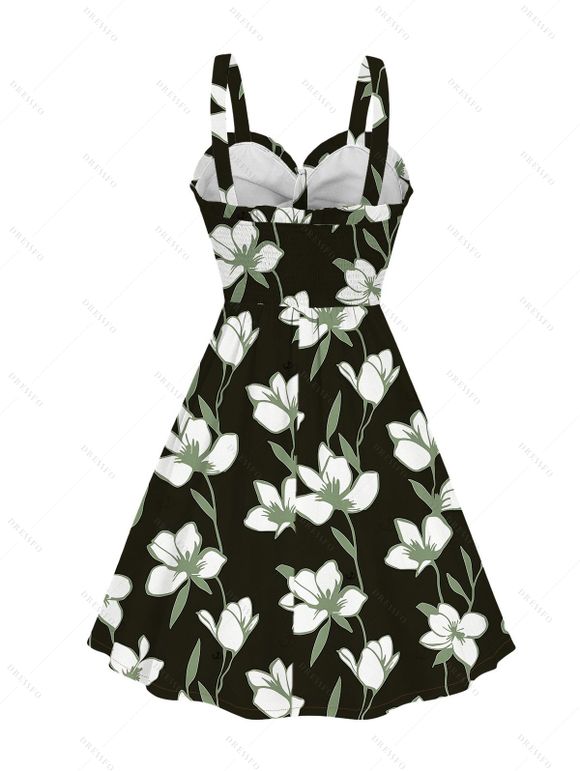 Vacation Couple Outfit Magnolia Floral Leaf Print Bowknot Ruffle Dress and Shirt Set - Noir S | US 4