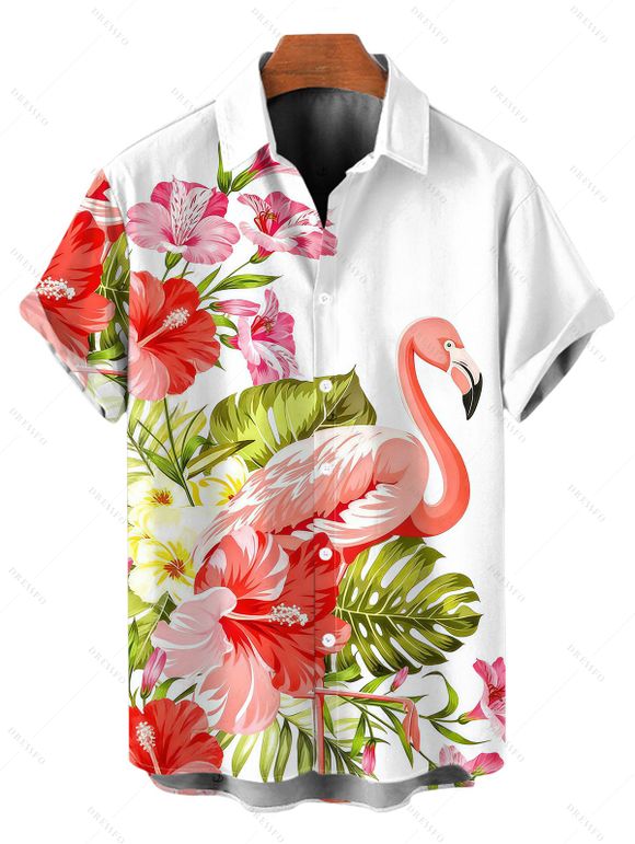 Vacation Couple Outfit Flamingo Hibiscus Floral Leaf Print Dress and Shirt Set - Blanc S | US 4