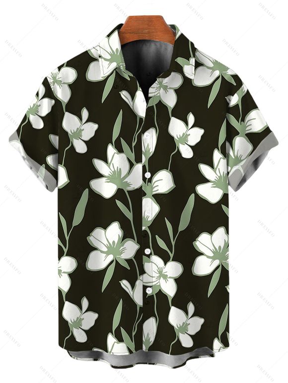 Vacation Couple Outfit Magnolia Floral Leaf Print Bowknot Ruffle Dress and Shirt Set - Noir S | US 4