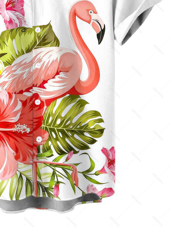 Vacation Couple Outfit Flamingo Hibiscus Floral Leaf Print Dress and Shirt Set - Blanc S | US 4