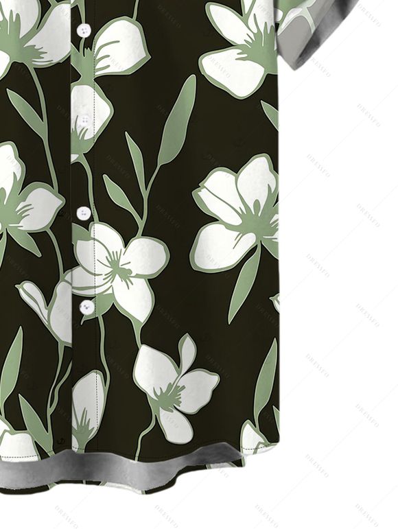 Vacation Couple Outfit Magnolia Floral Leaf Print Bowknot Ruffle Dress and Shirt Set - Noir S | US 4