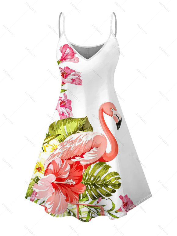Vacation Couple Outfit Flamingo Hibiscus Floral Leaf Print Dress and Shirt Set - Blanc S | US 4