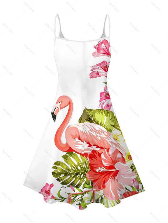 Vacation Couple Outfit Flamingo Hibiscus Floral Leaf Print Dress and Shirt Set - Blanc S | US 4