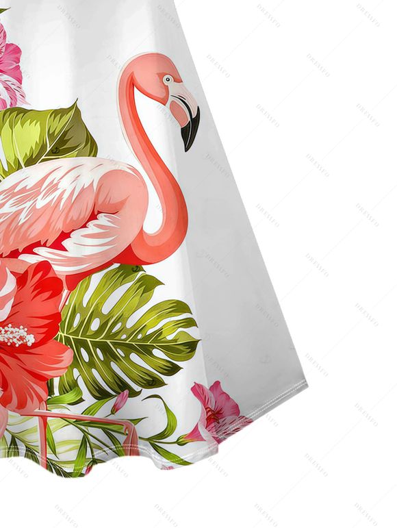 Vacation Couple Outfit Flamingo Hibiscus Floral Leaf Print Dress and Shirt Set - Blanc S | US 4