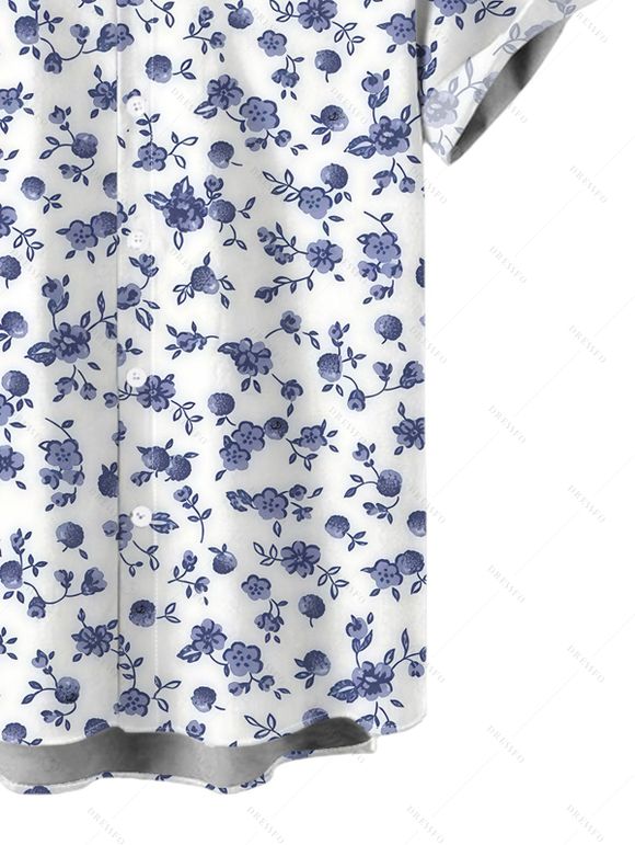 Vacation Couple Outfit Porcelain Ditsy Floral Print Bowknot Ruffle Dress and Shirt Set - Bleu clair S | US 4