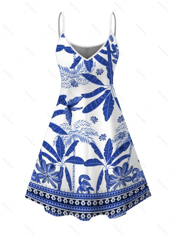 Vacation Couple Outfit Retro Tropical Plant Toucan Print Dress and Shirt Set - Bleu S | US 4