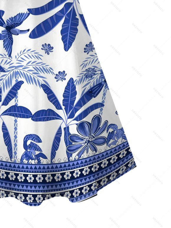 Vacation Couple Outfit Retro Tropical Plant Toucan Print Dress and Shirt Set - Bleu S | US 4