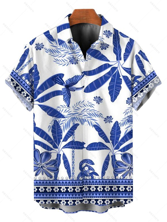 Vacation Couple Outfit Retro Tropical Plant Toucan Print Dress and Shirt Set - Bleu S | US 4