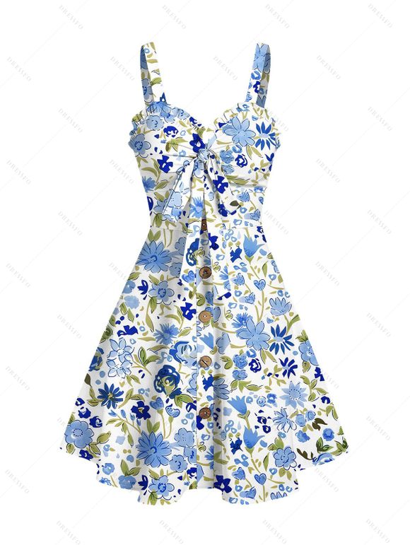 Vacation Couple Outfit Allover Mixed Floral Leaf Print Bowknot Ruffle Dress and Shirt Set - Bleu clair S | US 4