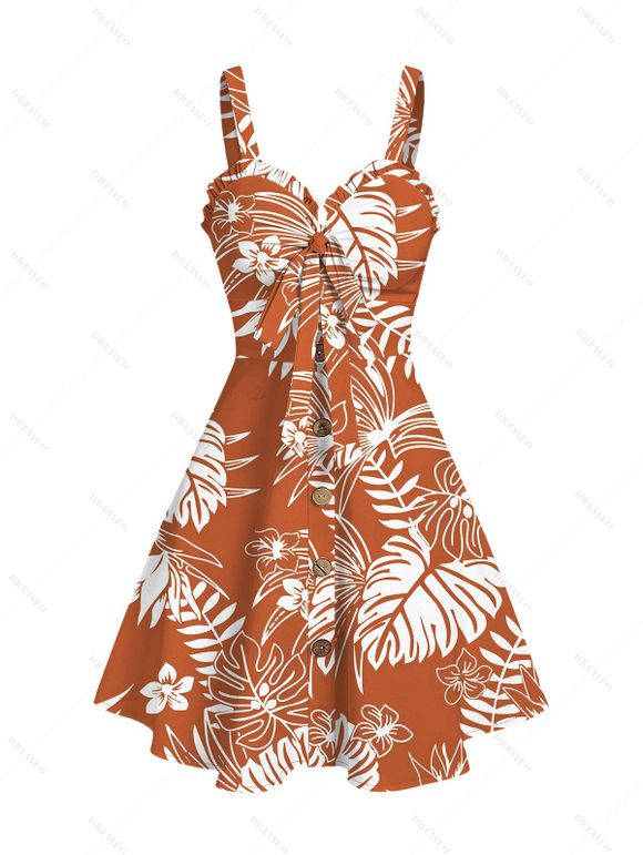 Vacation Couple Outfit White Line Tropical Plant Print Bowknot Ruffle Dress and Shirt Set - Orange S | US 4