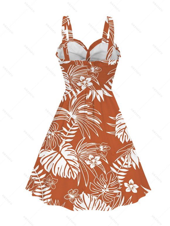 Vacation Couple Outfit White Line Tropical Plant Print Bowknot Ruffle Dress and Shirt Set - Orange S | US 4