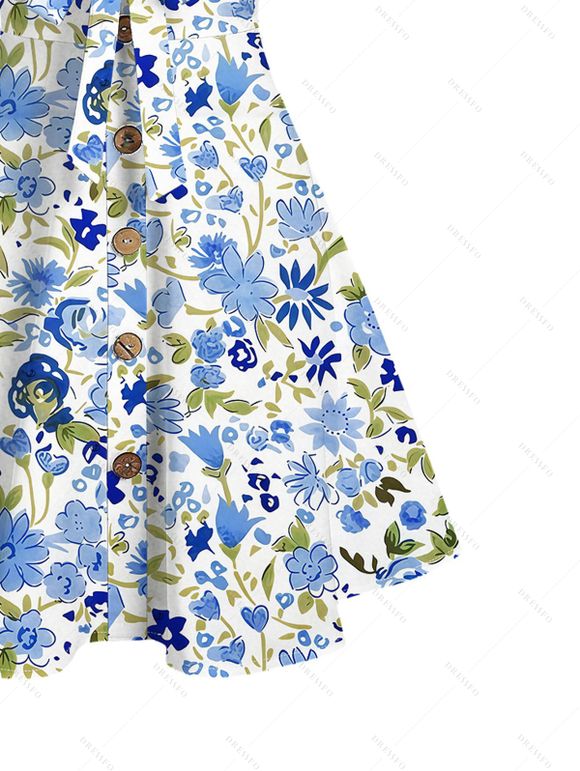 Vacation Couple Outfit Allover Mixed Floral Leaf Print Bowknot Ruffle Dress and Shirt Set - Bleu clair S | US 4