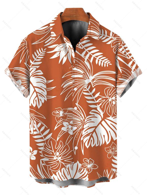 Vacation Couple Outfit White Line Tropical Plant Print Bowknot Ruffle Dress and Shirt Set - Orange S | US 4
