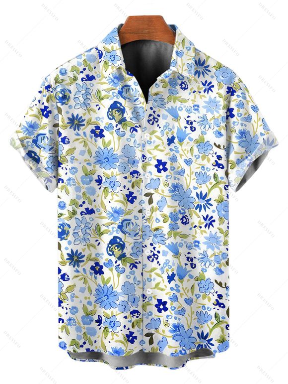 Vacation Couple Outfit Allover Mixed Floral Leaf Print Bowknot Ruffle Dress and Shirt Set - Bleu clair S | US 4