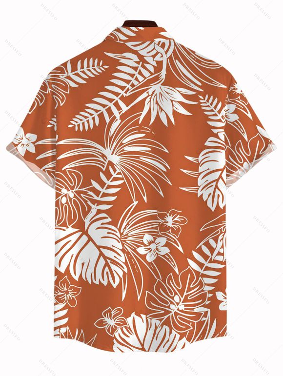 Vacation Couple Outfit White Line Tropical Plant Print Bowknot Ruffle Dress and Shirt Set - Orange S | US 4