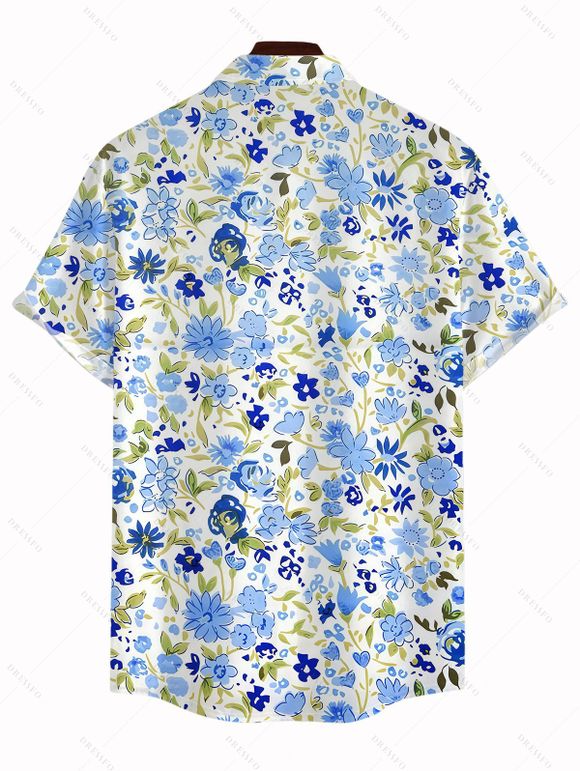 Vacation Couple Outfit Allover Mixed Floral Leaf Print Bowknot Ruffle Dress and Shirt Set - Bleu clair S | US 4