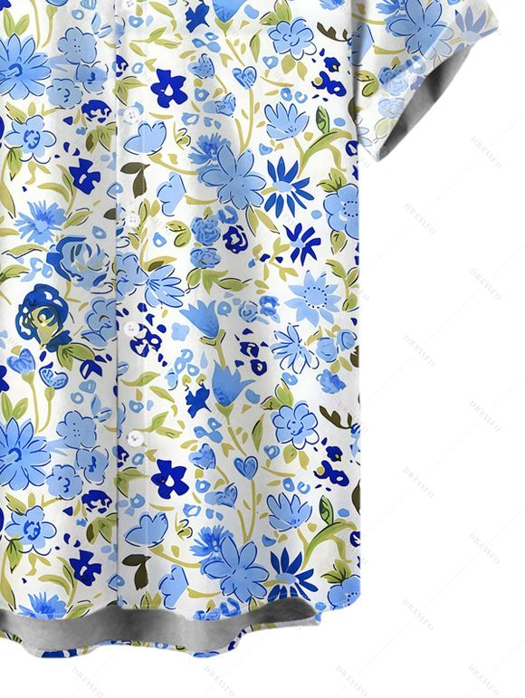 Vacation Couple Outfit Allover Mixed Floral Leaf Print Bowknot Ruffle Dress and Shirt Set - Bleu clair S | US 4