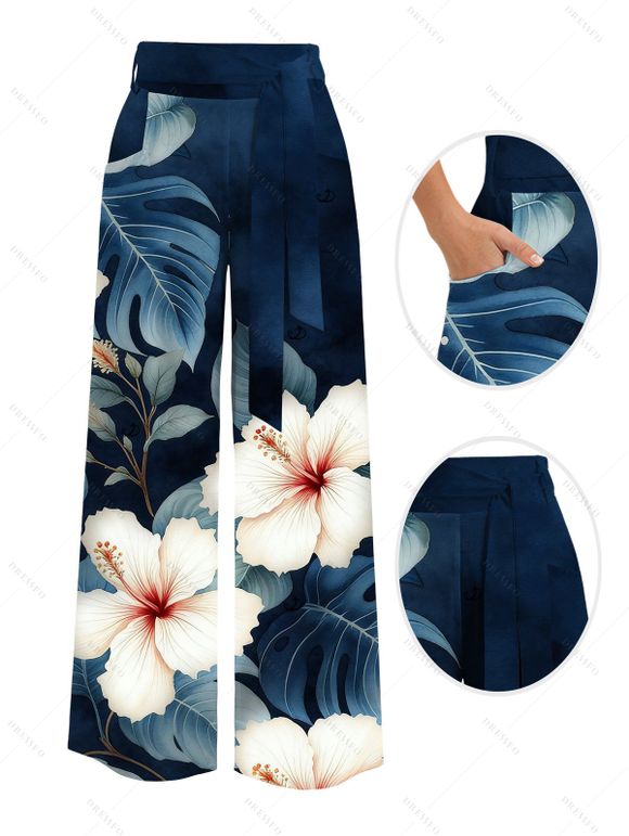 Vacation Couple Outfit Textured Tank Top Hibiscus Floral Leaf Print Belt Pants and Shirt Shorts Set - Blanc S | US 4