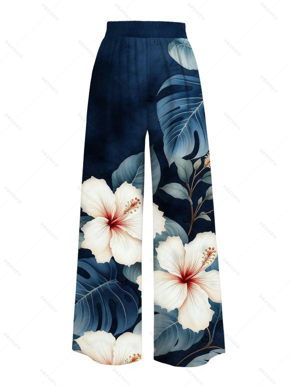 Vacation Couple Outfit Textured Tank Top Hibiscus Floral Leaf Print Belt Pants and Shirt Shorts Set - Blanc S | US 4