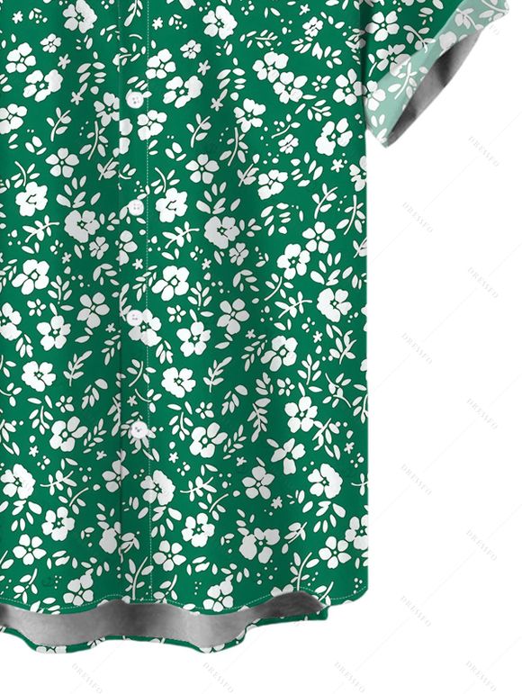 Hawaii Vacation Couple Outfit Ditsy Floral Print Bownknot Ruffle Dress and Shirt Set - Émeraude S | US 4