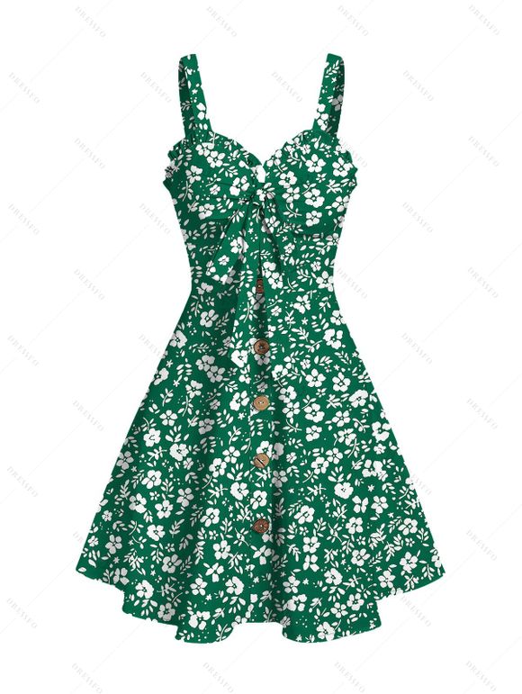 Hawaii Vacation Couple Outfit Ditsy Floral Print Bownknot Ruffle Dress and Shirt Set - Émeraude S | US 4