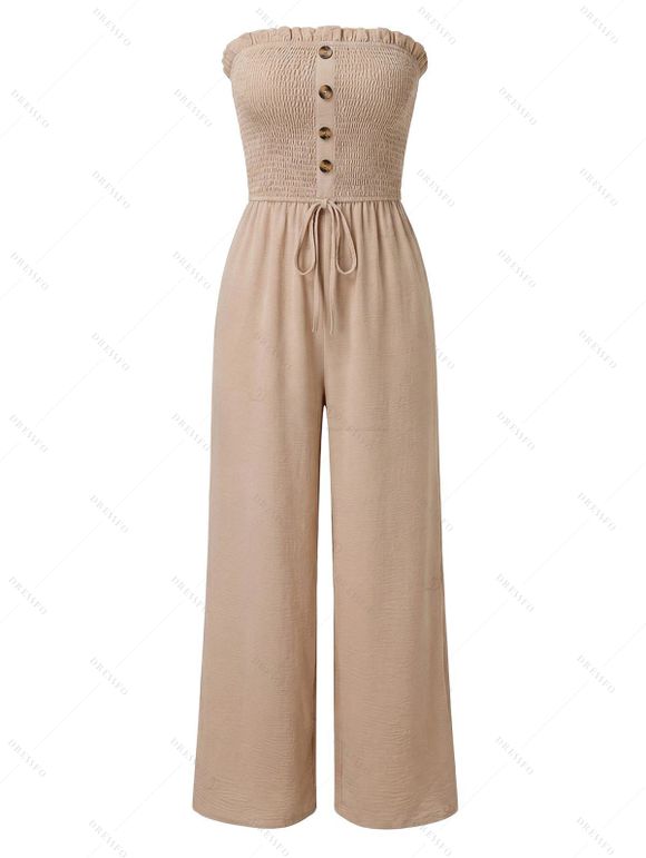 Vacation Couple Outfit Ruffle Off the Shoulder Jumpsuit and Leaf Print Shirt Pants Set - café lumière S | US 4