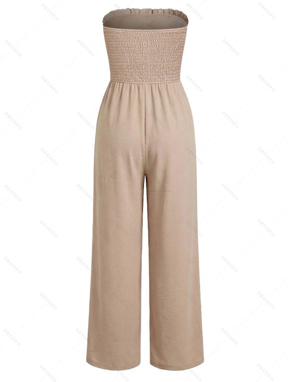 Vacation Couple Outfit Ruffle Off the Shoulder Jumpsuit and Leaf Print Shirt Pants Set - café lumière S | US 4