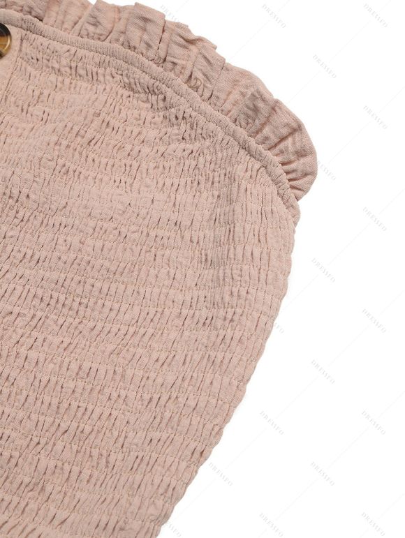 Vacation Couple Outfit Ruffle Off the Shoulder Jumpsuit and Leaf Print Shirt Pants Set - café lumière S | US 4