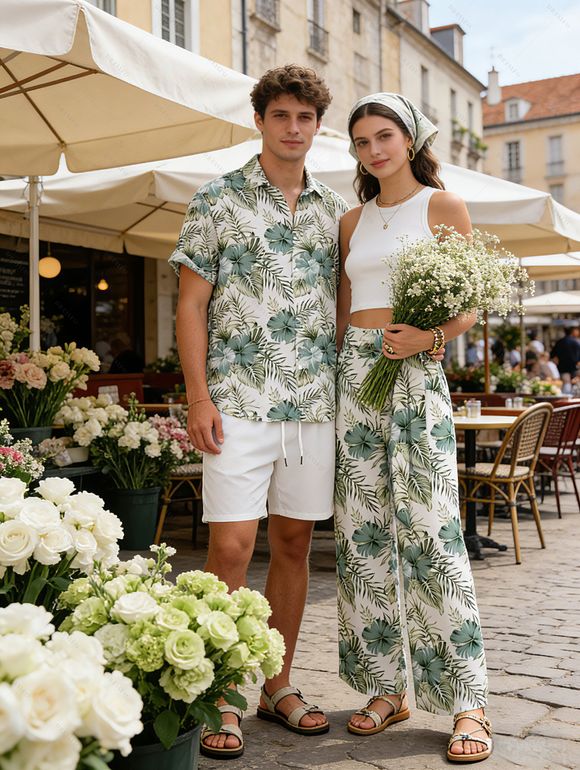 Vacation Couple Outfit Textured Tank Top Hibiscus Floral Print Belt Pants and Shirt Short Set - Vert clair S | US 4