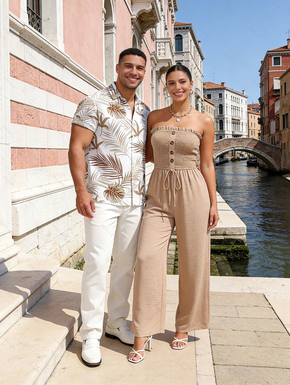 Vacation Couple Outfit Ruffle Off the Shoulder Jumpsuit and Leaf Print Shirt Pants Set - café lumière S | US 4