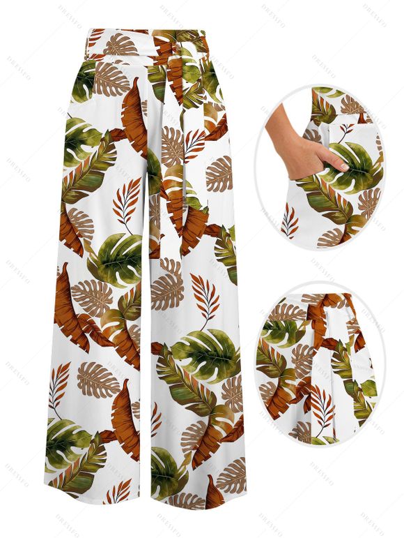 Vacation Couple Outfit Tassel Tank Top Tropical Leaf Print Belt Pants and Shirt Shorts Set - Blanc S | US 4