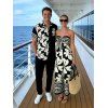 Hawaii Couple Outfit Tribal Hibiscus Floral Print Bowknot Off the Shoulder Jumpsuit and Shirt Set