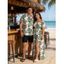 Vacation Couple Outfit Monstera Leaf Print Flounce Off the Shoulder Slit Dress and Shirt Set - PLANT GREEN S | US 4