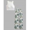 Vacation Outfit Textured Padded Cropped Tank Top and Hibiscus Floral Leaf Print Belt Pants Set - Vert clair S | US 4