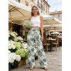 Vacation Outfit Textured Padded Cropped Tank Top and Hibiscus Floral Leaf Print Belt Pants Set - Vert clair S | US 4