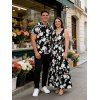 Vacation Couple Outfit Floral Leaf Silhouette Print Cap Sleeve Dress and Shirt Set - Noir S | US 4