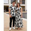 Vacation Couple Outfit Floral Leaf Silhouette Print Cap Sleeve Dress and Shirt Set - Blanc S | US 4