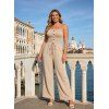 Solid Color Jumpsuit Ruffle Off the Shoulder Tied Mock Button Wide Leg Jumpsuit - café lumière M | US 6