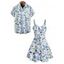 Vacation Couple Outfit Allover Mixed Floral Leaf Print Bowknot Ruffle Dress and Shirt Set - Bleu clair S | US 4