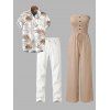 Vacation Couple Outfit Ruffle Off the Shoulder Jumpsuit and Leaf Print Shirt Pants Set - café lumière S | US 4