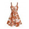 Vacation Dress White Line Tropical Plant Print Bowknot Ruffle Mock Button Hawaii Dress - Orange S | US 4