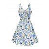 Vacation Dress Allover Mixed Floral Leaf Print Bowknot Ruffle Mock Button Dress - Bleu clair XXL | US 14
