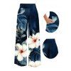 Vacation Pants Hibiscus Floral Monstera Leaf Print Wide Leg Belt Pants - Bleu profond XXXXXL | US 20