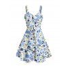 Vacation Dress Allover Mixed Floral Leaf Print Bowknot Ruffle Mock Button Dress - Bleu clair XXL | US 14