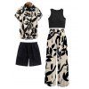 Vacation Couple Outfit Textured Tank Top Leaf Silhouette Print Belt Pants and Shirt Shorts Set - Noir S | US 4