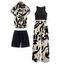 Vacation Couple Outfit Textured Tank Top Leaf Silhouette Print Belt Pants and Shirt Shorts Set - Noir S | US 4