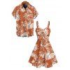 Vacation Couple Outfit White Line Tropical Plant Print Bowknot Ruffle Dress and Shirt Set - Orange S | US 4